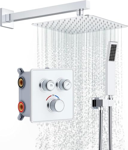 Rainsworth Duschsystem Unterputz mit Thermostat 38℃ Chrom, Einstellbarer Wasserdurchfluss, Unterputz Duscharmatur Set mit 25 * 25cm Regendusche, Duschset mit Handbrause