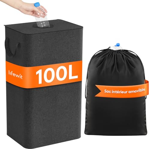 Lifewit 100L Pfandflaschen Sammelbehälter mit Deckel, Groß Pfandflaschen Aufbewahrung, Behälter Leergut & Altglas Aufbewahrung, Flaschensammler mit Loch Küche Abstellraum Flaschentasche, Dunkelgrau
