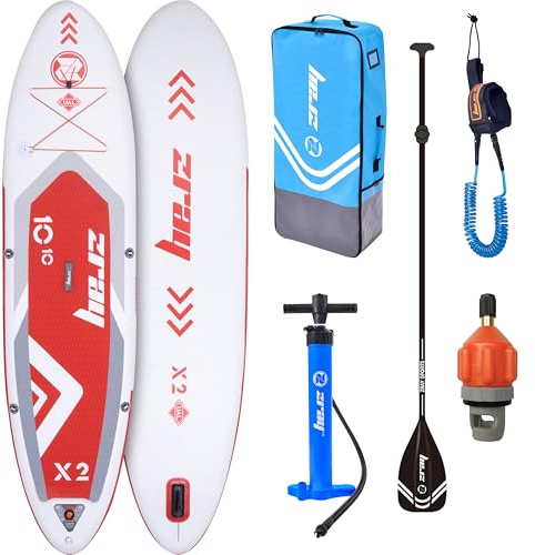 ZRAY X2 Stand Up Paddling Board aufblasbar 330x81x15 cm, SUP Board Komplettset bis 150 kg, Drop-Stitch iSUP mit 3-teiligem Paddel Doppelhubpumpe Rucksack Leash, Allround Paddle Board, rot