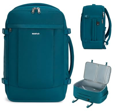 ECOHUB 30L Handgepäck Rucksack Flugzeug, Diebstahlsicher für Easyjet Handgepäck 45x36x20, 3D Laptop Reiserucksack, Recycelt Travel Backpack Wasserdicht, Cabin Bag für Damen Herren(Blau Grün)