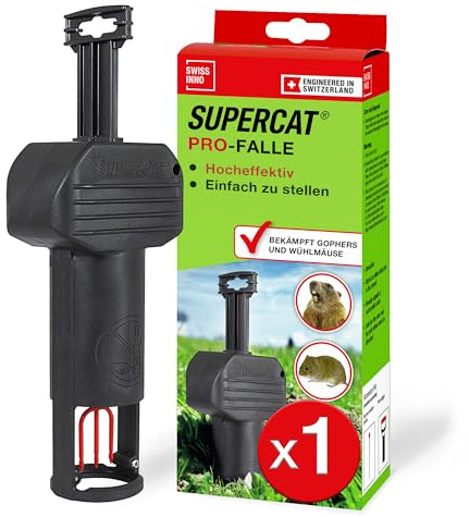 SWISSINNO Wühlmausfalle PRO SuperCat - Effiziente Schlagfalle gegen Feld- & Wühlmäuse, Patentierter Auslösemechansimus, Einfach einzurichten, Sicher & Wiederverwendbar - 1 Falle