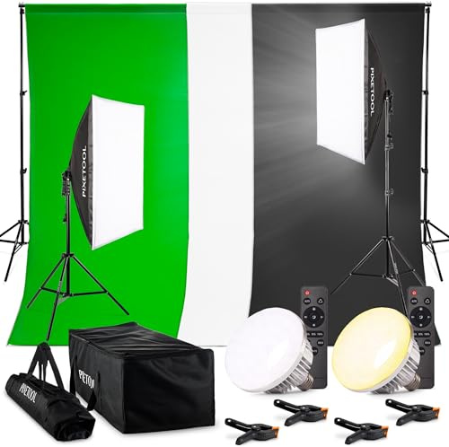 PIXETOOL Fotostudio Set - Greenscreen (2,8mx1,8m) mit Ständer (2m x 2m) – Softbox Mit Lampen Set - 3X Fotohintergrund - Reflektor - Gaming Streaming Fotografie Zubehör - Studiolicht Fotolampe