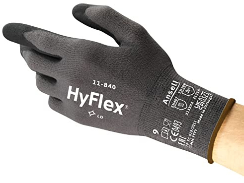 Ansell HyFlex 11-840 Professionelle Arbeitshandschuhe, Rutschfeste Nitril-Beschichtung, Industrie-Schutzhandschuhe für Mechanik, Werkstatt und Montage, Waschbare, Schwarz, Größe L (5 Paar)