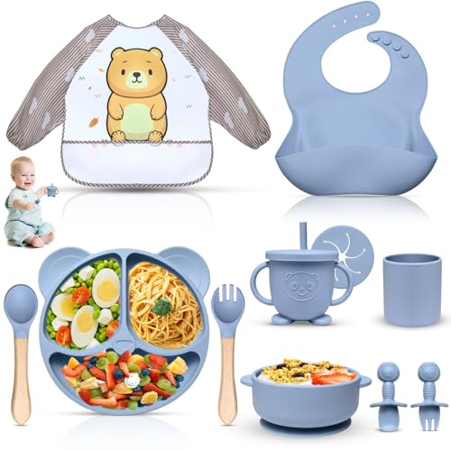 Dazhtu 11 Stücke Silikon Baby Geschirrset, Kindergeschirr Baby-Teller Rutschfest mit Saugnapf, Baby-Teller mit Saugnapf, Schüssel, Lätzchen,Löffel,Gabel,Baby-Trinkbecher, BPA Frei, Blau