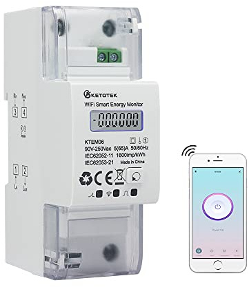 KETOTEK Smart Stromzähler Hutschiene WLAN 1 Phasen Strommessgerät | AC 5(65)A 90-250V, Digitaler LCD, Fernbedienung, Din Rail, Wechselstromzähler, Smart Life/Tuya App