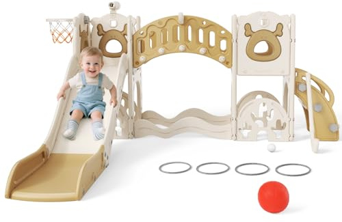 Kinderrutsche,extralange Rutschbahn,freistehende Kleinkindrutsche mit Basketballkorb, Kleinkindklettergerüst, Montessori Baby-Gartenrutschen-Spielset,für drinnen und draußen (Khaki-7 in1)