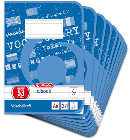 herlitz Vokabelheft A6, 14,8 x 10,5 cm, 32 Blatt, Lineatur 53 liniert mit Mittelstrich, 10 Stück