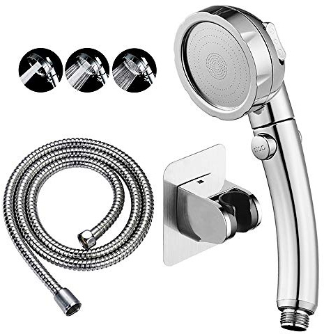 KAIYING Drill-Free Hochdruck-Handbrause mit ON/OFF-Pausenschalter 3 Sprühmodi Wassersparender Duschkopf, abnehmbares Welpen-Duschzubehör (M:Duschkopf (Chrom)+Halterung+Schlauch)