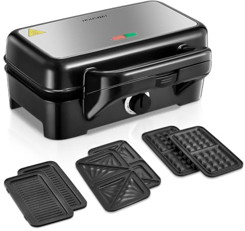 HOUSNAT Waffeleisen 3 in 1, Sandwichmaker, Kontaktgrill, Sandwichtoaster - 1200W mit 5-Gang Temperaturregelung- für Belgische Waffel, Perfekt für Frühstück, Camping und mehr-Netzbetrieb