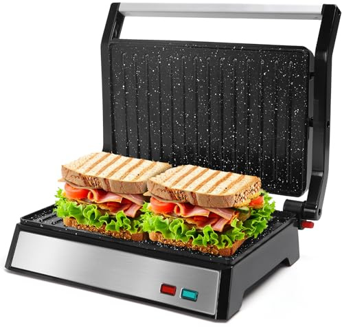 Aigostar Kontaktgrill mit Keramik-Antihaftbeschichtung, 180° Öffnung, 1500W | Panini Grill & Sandwichmaker, 27x17cm, PFAS-frei & gesund mit Fettauffangschale | Hett Pro