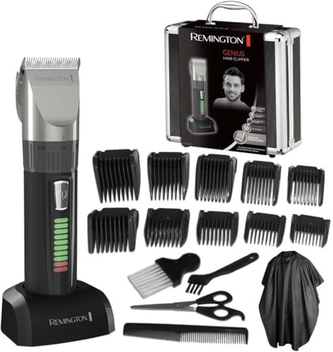 Remington Haarschneidemaschine Profi [selbstschärf. Keramik Klingen/0,8-40mm/Präzisionseinstellung] Haarschneider Set (10 Aufsteckkämme, Netz-/Akkubetrieb, Lithium, Alukoffer, Friseurumhang) HC5811