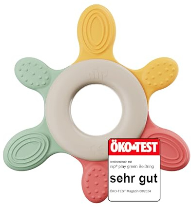 nip – Beißring | Nachhaltiger Beißring für Babys ab 3 Monaten aus über 65% natürlichen Rohstoffen. Zur sanften Massage von Zahnfleisch, Zunge und Zähnchen | Rot/Grün/Orange