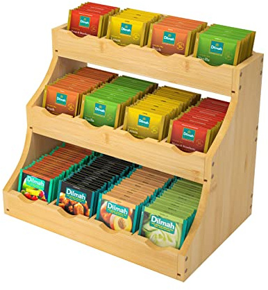 Teebeutelorganizer aus Bambus Teebox aus Holz mit 12 Staufächern für die Teebeutel Aufbewahrung extra groß 30,7 x 20 x 25 cm