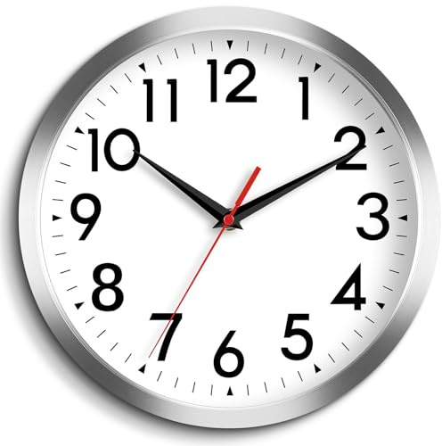 DAXSMY Wanduhr, modern, batteriebetrieben, 25,4 cm, einfach, leise, Nicht tickend, dekorativ für Küche, Büro, Outdoor, Schlafzimmer, Wohnzimmer, Schule, Klassenzimmer (Silber)