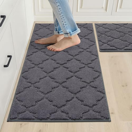 COSY HOMEER Küchenteppich 2 Stück, Teppich Küche Waschbar rutschfest, Küchenläufer, Teppichläufer Flur, Teppich Läufer für Küche, Flur, Wohnraum (50 x 75 cm + 50 x 120 cm, Dunkelgrau)