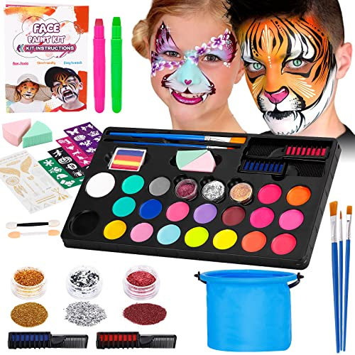 Kinderschminke Set,20 Farben Wasserbasis,Schnell Trocknende,Ungiftige | Haarkreiden Pinsel Körperfarben Schminke Set Kinder Erwachsene,Gesichtsfarben Fürs Verkleiden Faschingsschminke