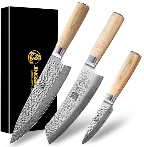 Jingseiho Japanisches Messerset Aus Echtem Damaststahl, VG-10 und 67-Lagig, Schärfe und Schnitthaltigkeit, Koch/Santoku/Schälmesser, Ideal Für Den Hausgebrauch und Als Geschenk