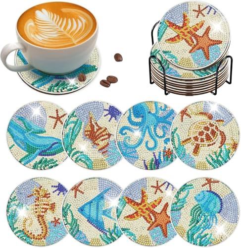 8 Stück Diamond Painting Untersetzer mit Halter-DIY Diamant Painting Set für Erwachsene & Kinder-Rund Mandala & Hund Motive Tassenuntersetzer mit Kork-Rückseite-Kreative Entspannung Bastelideen(Ozean)