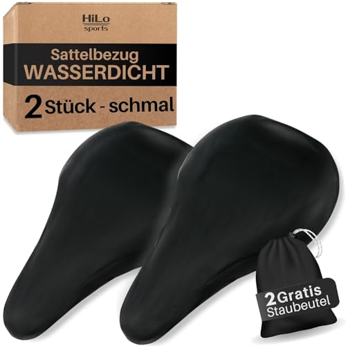 Hilo Sports 2 Stück Sattelbezug Fahrrad [wasserdicht & reißfest] - Schmale Version in Schwarz - Fahrradsattel Überzug mit Aufbewahrungsbeutel - Regenschutz Fahrradsattel