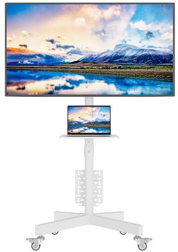 BONTEC Mobiler TV Ständer auf Rollen für 23-60 Zoll Plasma/LCD/LED Fernseher, Tragbarer TV Ständer mit Tablett, Höhenverstellbares Rollbarer TV Wagen bis zu 40kg, max. VESA 400x400mm (Weiß)
