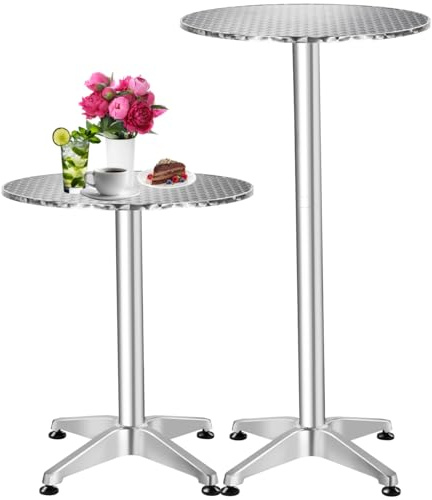 tectake® 2in1 Stehtisch Ø 60cm, Bistrotisch Rund, Bartisch aus Aluminium, höhenverstellbarer Tisch 70cm / 110cm, Partytisch, Gartentisch, Balkontisch, Biertisch, Esstisch rund, Wetterfest - Silber