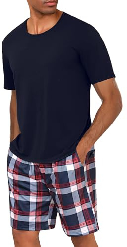 Uniexcosm Schlafanzug Herren Kurz Rundhals Zweiteiliger | Baumwolle Pyjama Set Kurzarm Oberteil und Karohose mit Taschen Kordelzug für Schlafen Zuhause Reise und entspannte Abende