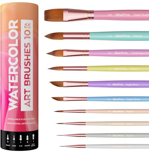 Nicpro 10 Stück Pastell Aquarellpinsel Set, Professionelle Aquarell Pinsel mit Halter und Tasche, Spitz, Rund, Künstlerpinsel, Watercolor Brush für Erwachsene, Anfänger, Aquarell, Tinten, Gouache