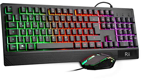 Rii Gaming Tastatur und Maus Set, Maus und Tastatur, RGB Hintergrundbeleuchtung QWERTZ (DE-Layout), Regenbogen Farben Beleuchtete USB Wasserdicht Tastatur und Maus mit 3200 für Pro PC Gamer