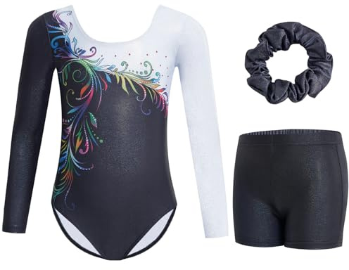 Gogokids Mädchen Dreiteiliges Langarm Turnanzug-Set – Kinder Turnoutfits mit Farbverlauf Pailletten Design Beinhaltet Trikot, Shorts und Haargummi, Funkelndes Ballett Trikot für Alter 3-12, Schwarz