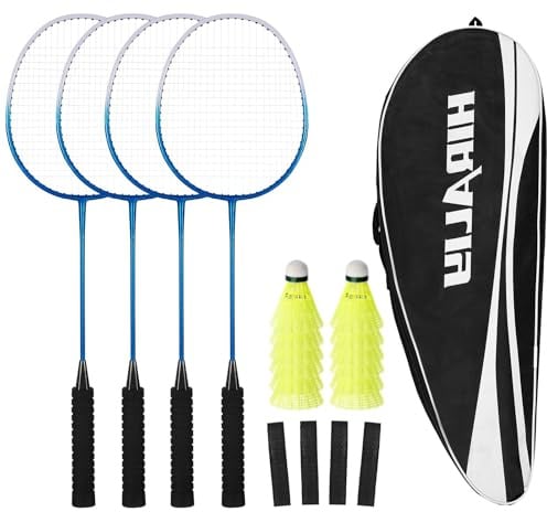 HIRALIY Badminton Schläger für Spiele im Freien, leichtes Federball 4er-Set für Kinder & Erwachsene & Anfänger, inklusive 4 Schläger, 12 Nylon-Federbälle, 4 Ersatz-Griffbänder, 1 Tragetasche