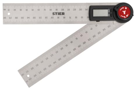 STIER Digitaler Winkelmesser SDW 200, Winkelschmiege mit Feststellfunkion, LCD-Display ±0,3° rostfreier Stahl 200 mm, Lineal aus Edelstahl, relativeund absolute Winkelmessung