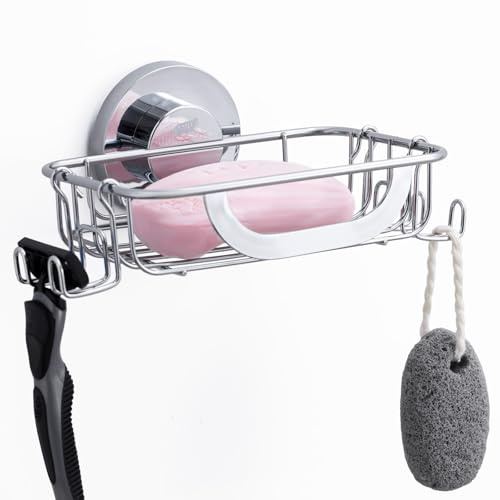 TAILI Seifenschale mit Haken, Saugnapf Seifenhalter Drill-Free, Silber | Max Halten 5 KG, Rostfrei, Wasserdicht Edelstahl für Wand, Dusche, Badewanne, Küche Schwammhalter,Badezimmer Seife Saver Tray