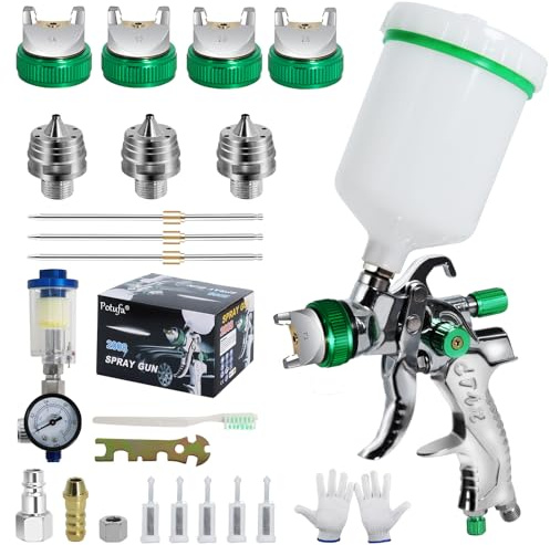 Potufa HVLP Lackierpistole Spritzpistole Kit mit 4 Düsen - 1,4mm & 1,7mm & 2,0mm & 2,5mm, Profi Lackierpistole Druckluft Schwerkraft Sprühgeräte mit 600 ml Plastikbecher (Grün)