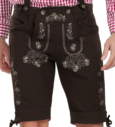 Lederhose Herren Tracht Kurz Trachtenhose Trachtenlederhosen Lederhose Oktoberfest Mann Dunkelbraun bayrische Trachten Hose Trachtenmode Hosenträger mit Kunst-Wildleder 50