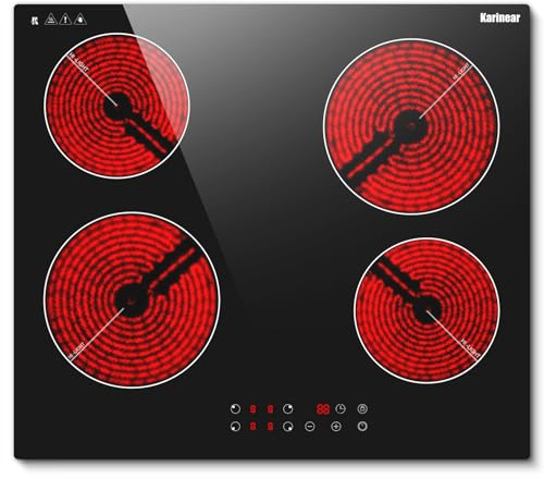 Karinear Glaskeramikkochfeld 4 Platten 6000W, Kochfeld Autark 60 cm | Glaskeramikkochfeld Touch-Steuerung, Herdplatte 4 Kochfelder mit Timer, Sicherheitsverriegelung, 240V, Kein Stecker