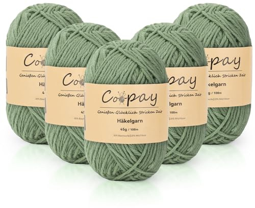 Coopay Wolle zum Häkeln, 225g (5x45g) Weiches Häkelgarn, 5 Faiding Wolle zum Stricken, Babywolle zum Häkeln für Anfänger, Super Weich Häkelgarn Babywolle für Häkel- und Strickprojekt - Grüngrau