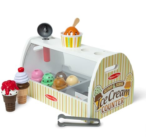 Melissa & Doug - Eisdiele aus Holz, 28-teilig, Für das Eisdielen-Rollenspiel mit 8 Sorten Eiscreme, Eistüten und Eisbecher, Spielgeld inklusive, Für Kinder ab 3 Jahren