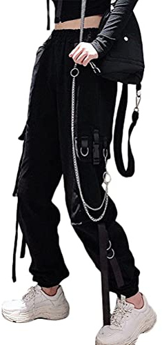 ORANDESIGNE Freizeithosen Damen Cargo Hose Elastic Waist Buckle Ribbon Pocket Jogger High Streetwear Harajuku Hose Punk Ringkette Damenhose D Schwarz XXL