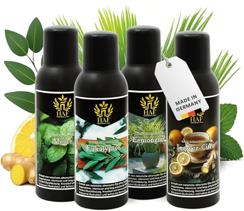 HAF Saunaaufguss Set „Frische Briese“ - 4 x 100ml Sauna Aufgussmittel Eukalyptus, Ingwer-Citro, Lemongras, Minze - Saunaduft mit natürlichen ätherischen Ölen & ohne Zusätze