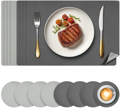 Votoko 8er Set Tischsets Leder und Untersetzer, Platzsets Abwaschbar Doppelseitigen Wasserdicht, Hitzebeständig Rutschfest Platzdeckchen, Lederoptik Tischset Platzset für Küche Restaurant, GrauSchwarz