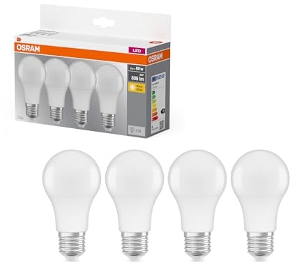 Osram LED Base Classic A Lampe, in Kolbenform mit E27-Sockel, nicht dimmbar, Ersetzt 60 Watt, Matt, Warmweiß - 2700 Kelvin, 4 Stück (1er-Pack)