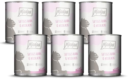 MjAMjAM - Premium Nassfutter für Katzen - saftiges Huhn und Wildlachs, 6er Pack (6 x 800 g), getreidefrei mit extra viel Fleisch