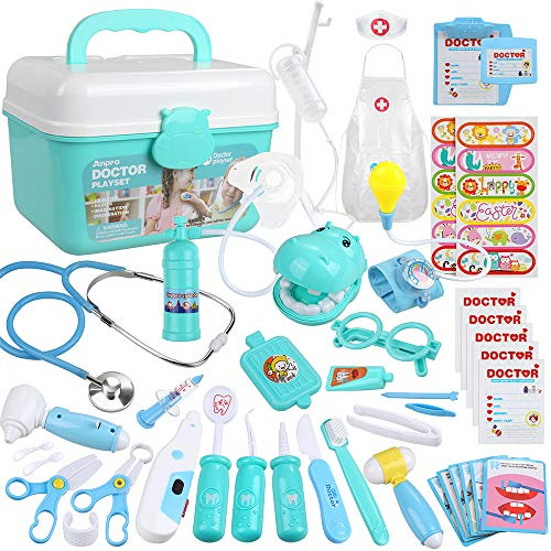 Anpro 46Stk Arztkoffer Medizinisches Spielzeug Rollenspiel Spielzeug Set, Arztkoffer Doktor Spielset Rollenspiel Kit Geschenke für Kinder (Blau)