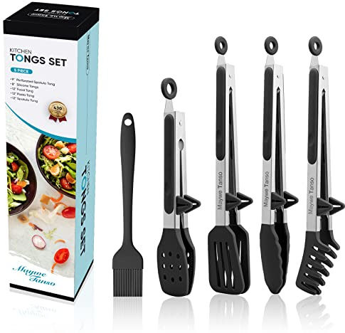 Edelstahl Küchenzange mit Silikonspitzen-5 Stück, 33 cm Kochzange,Antihaft | 315℃ Hitzebeständige Edelstahl Fleischzange, Grillzange für Steak Pie Pizza Pasta Spaghetti Salat Grillbuffet,Plus Bürste