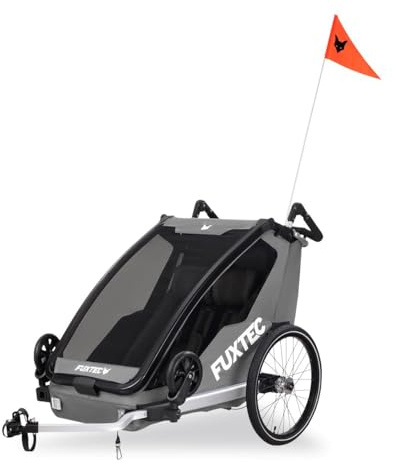 Fuxtec Fahrradanhänger Sportfux mit 2 Sitzplätzen, Hecktasche mit Reflektoren, Schiebegriff, Regen- und Sonnenschutz, faltbar, Purpur FX-FA1
