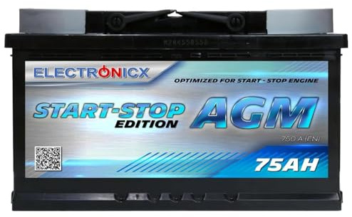 Electronicx AGM Autobatterie 75Ah 12V – wartungsfrei, versiegelt, vibrationsgeschützt, Start-Stopp geeignet, Hochleistungs-Starterbatterie 750A EN, 75 Ah AGM KFZ Batterie, kompakt, zuverlässig, sicher