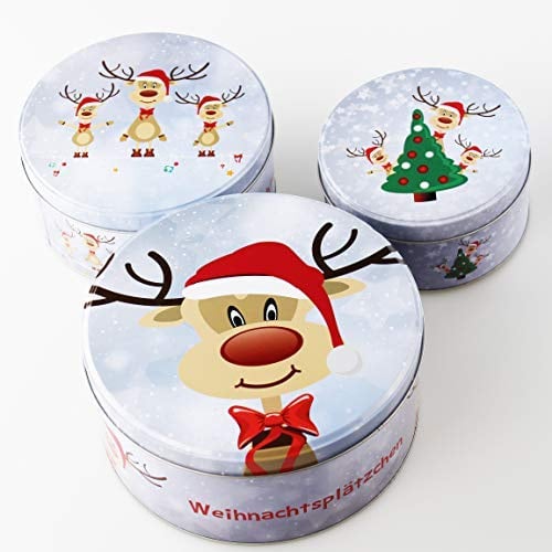 KAMACA 3 er SET Keksdosen Gebäckdosen Plätzchendose aus Metall mit Deckel rund praktisch Winter Advent Weihnachten für Plätzchen Kekse Gebäck Aufbewahrung (3er Set Gebäckdose Rentier Ole)