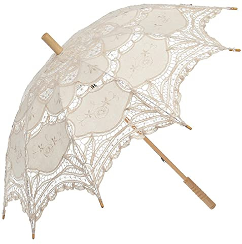 SQOIKOS Elfenbeinfarbener Spitzen-Sonnenschirm Regenschirm Vintage Hochzeit Braut Spitze Regenschirm für Dekoration Foto Tee Party Erwachsene Größe