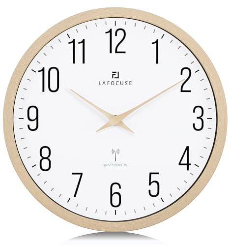 Lafocuse 30CM Funk Wanduhr mit Holz Zeiger, Hohe Genauigkeit Funkuhr Beige, Einfach zu Lesen Modern Wanduhren Deko für Küche Wohnzimmer Büro Schule