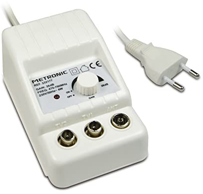 Metronic - 332177, Indoor-TV-Antennenverstärker für DTT-Kanäle, 4G/5G-kompatibel, 26 dB, 2 Ausgänge mit 9,52 mm TV-Buchse, weiß
